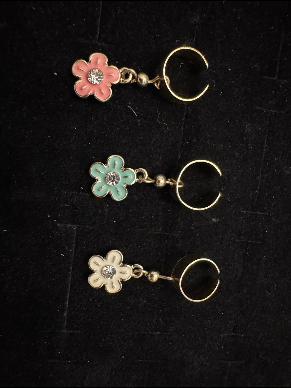 Lot of 3 Enamel Daisy Flower Ear Cuffs Pink Green White Rhinestone Dangle